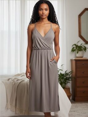 BCBGeneration Gray Spaghetti-Strap Wrap Maxi Dress Big Pockets